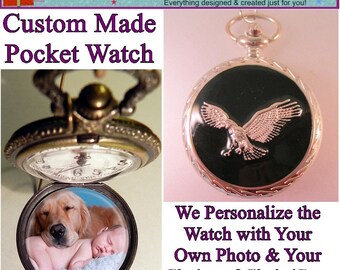 Custom Silver & Black EAGLE Pocket Watch with or without Your Personalized Photo Inside w/Your Choice of Chain Gifts for Her Gifts for Him
