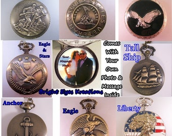 Personalized US Military Patriotic Pocket Watch w/ Your Photo & Message and Choice of Chain Gifts for Soldiers Gifts for Servicemen