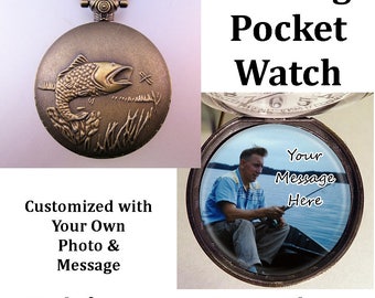 Custom Made Fishing Fish Fisherman Pocket Watch Personalized Photo & Message w/31" Chain OR 14" Belt Chain OR Case Gift for Fisherman