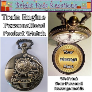 Antique Style Train Engine Personalized Pocket Watch w/Your Own Message Inside and Choice of Chain Gifts for Him Gifts for Men Gifts for Dad