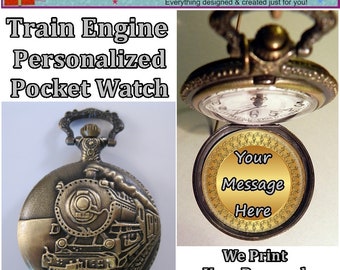 Antique Style Train Engine Personalized Pocket Watch w/Your Own Message Inside and Choice of Chain Gifts for Him Gifts for Men Gifts for Dad