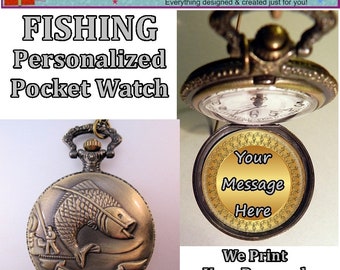 Antique Style FISHING Personalized Pocket Watch w/Your Own Message Inside and Choice of Chain Gifts for Him Gifts for Men Gifts for Dad