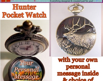 Personalized Message ELK HUNTER Bronze Enamel Pocket Watch w/ 31" Chain Necklace or 14" Belt Clip Chain or Case Gifts for Him Gifts for Her