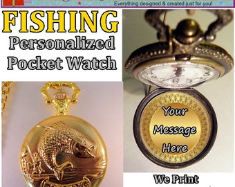 Antique Style FISHING Gold Finish Personalized Pocket Watch w/Your Own Message Inside and Choice of Chain Gifts for Him Gifts for Men