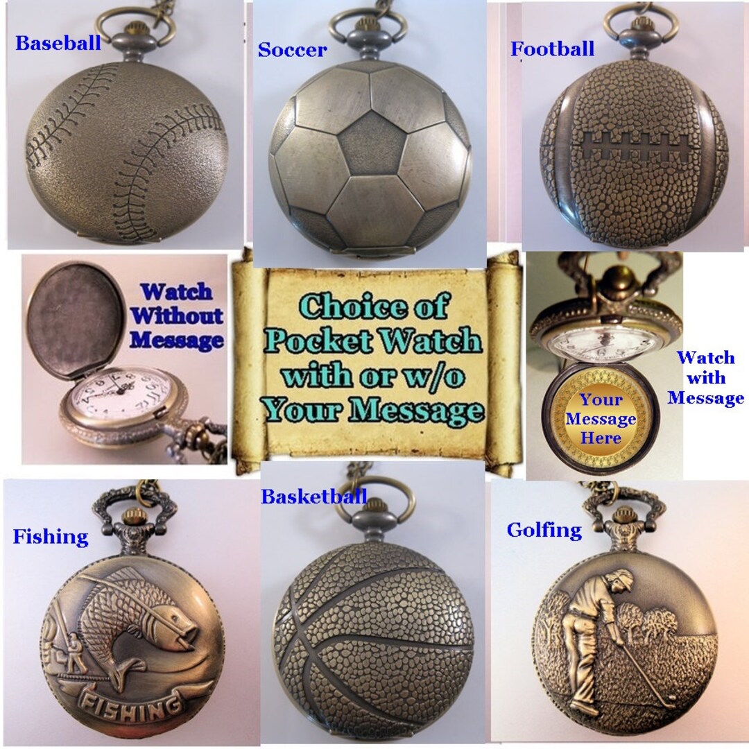 Sports Pocket Watch W/ Your Personalized Message W/31 Chain or 14 Belt Chain or Case Baseball