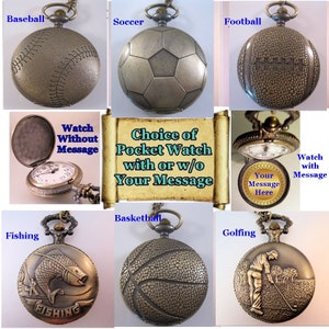 Sports Pocket Watch w/ Your Personalized Message w/31" Chain or 14" Belt Chain or Case Baseball Football Basketball Golf Fishing Soccer image 1