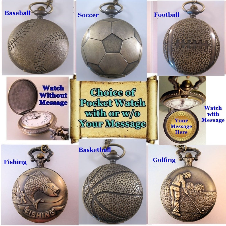 Sports Pocket Watch w/ Your Personalized Message w/31" Chain or 14" Belt Chain or Case Baseball Football Basketball Golf Fishing Soccer image 1