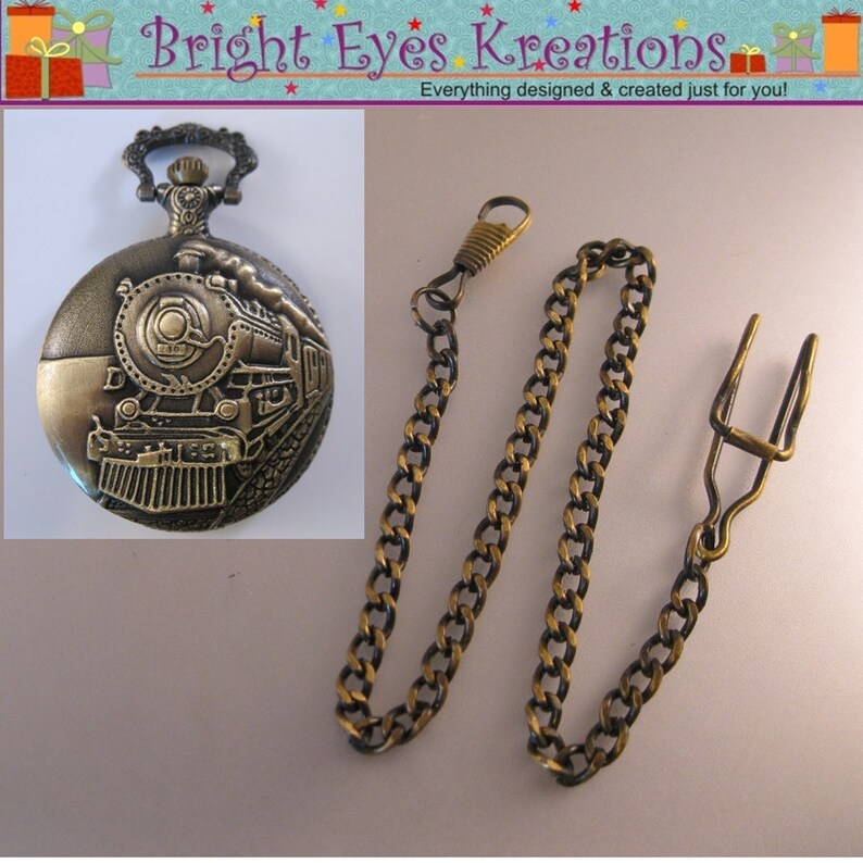 Antique Train Engine Railroad Pocket Watch with or without Your Photo w/31 Chain OR 14 Belt Chain OR Case Gifts for Dad Gifts for Men 14" Belt Chain