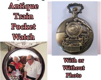 Antique Train Engine Railroad Pocket Watch with or without Your Photo w/31" Chain OR 14" Belt Chain OR Case Gifts for Dad Gifts for Men