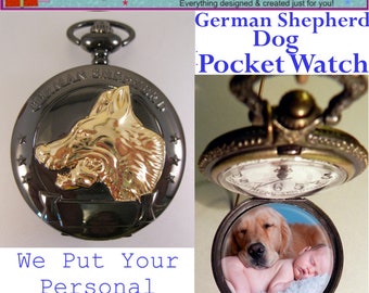 Vintage Style GERMAN SHEPHERD Dog Pocket Watch w/Your Personalized Photo & Your Choice of Chain Birthday Gifts for Son Gifts for Dad