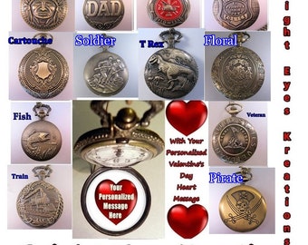 Pocket Watch with or w/o Personalized Heart Message w/Your Choice of Chain Valentine's Day Gift Gifts for Husband Gifts for Boyfriends