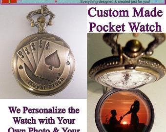CUSTOM Personalized Playing Cards Poker Royal Flush Pocket Watch & Your Choice of Chain Unisex Gifts for Gambler Gifts for Poker Player