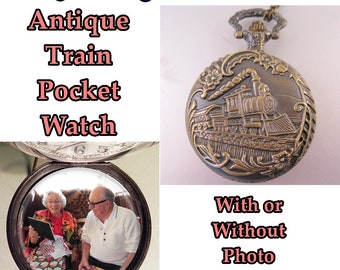 Antique Train Railroad Pocket Watch with or without Your Photo w/31" Chain OR 14" Belt Chain OR Case Gift for Dad Gift for Men Gift for Him