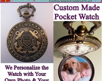 Custom COAST GUARD Pocket Watch with or without Your Personalized Photo Inside w/Your Choice of Chain Gifts for Her Gifts for Him