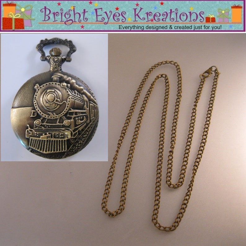 Antique Train Engine Railroad Pocket Watch with or without Your Photo w/31 Chain OR 14 Belt Chain OR Case Gifts for Dad Gifts for Men 31" Chain