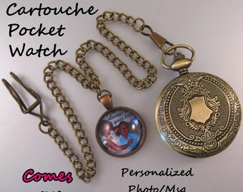 Cartouche Pocket Watch w/Personalized Glass Fob & 14" Belt Chain Gift for Mom Gift for Dad Gift for Him Gift for Her Gift for Husband