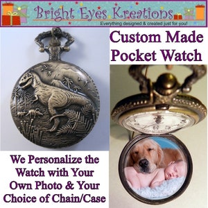 Custom DINOSAUR Pocket Watch with or without Your Personalized Photo Inside w/Your Choice of Chain Gifts for Him Gifts for Kids Gift for Boy