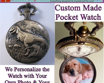 Custom DINOSAUR Pocket Watch with or without Your Personalized Photo Inside w/Your Choice of Chain Gifts for Him Gifts for Kids Gift for Boy