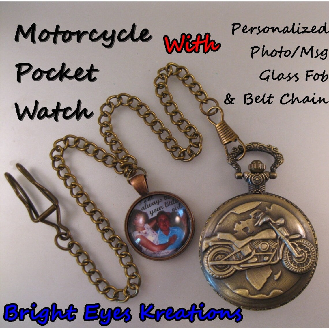 Biker Motorcycle Pocket Watch W/personalized Photo/message Fob Etsy