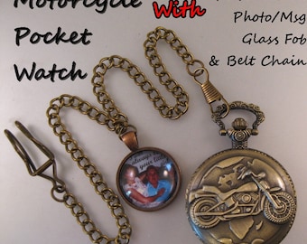 Biker Motorcycle Pocket Watch w/Personalized Photo/Message Fob w/14" Belt Chain Gift for Biker Gift for Men Gift for Him Gift for Dad