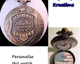 Custom Made Police Pocket Watch Personalized Message w/31" Chain OR 14" Belt Chain OR Case Gift for Policeman Gift for Peace Officer