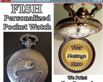 Antique Style FISH FISHING Personalized Pocket Watch w/Your Own Message Inside and Choice of Chain Gifts for Him Gifts for Men Gifts for Dad