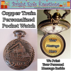 Antique Style Copper Train Engine Personalized Pocket Watch w/Your Own Message Inside & Choice of Chain Gifts for Him Gifts for Men