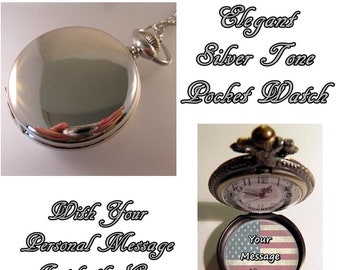 Personalized Elegant Silver Tone  Pocket Watch with Your Message & Your Choice of Chain Gifts for Him Gifts for Dad Gifts for Husband