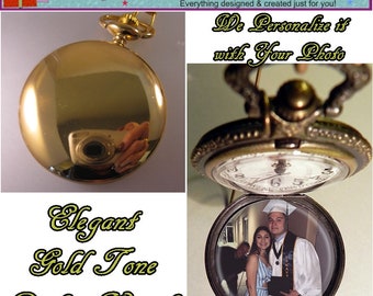 Personalized Elegant Gold Tone  Pocket Watch with Your Photo w/Your Choice of Chain Gift for Him Gift for Dad Gift for Husband Gift for Son