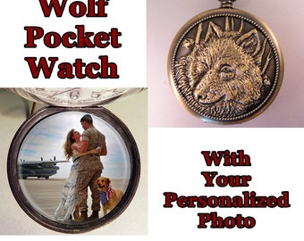Wolf Pocket Watch w/ Personalized Photo Gift for Grandpa - Gift for Dad - Gift for Son - Gift for Brother - Gift for Mom
