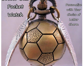 Personalized Soccer Ball Pocket Watch Unisex w/ Necklace Chain or Belt Chain w/ Wings and Letter Charms Vintage Style Soccer Mom Coach Gift