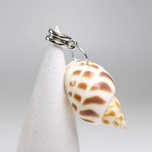 May include: A seashell pendant with a silver-colored clasp and loop. The shell is white with brown markings and a spiral shape. The pendant is hanging on a white cone-shaped object.
