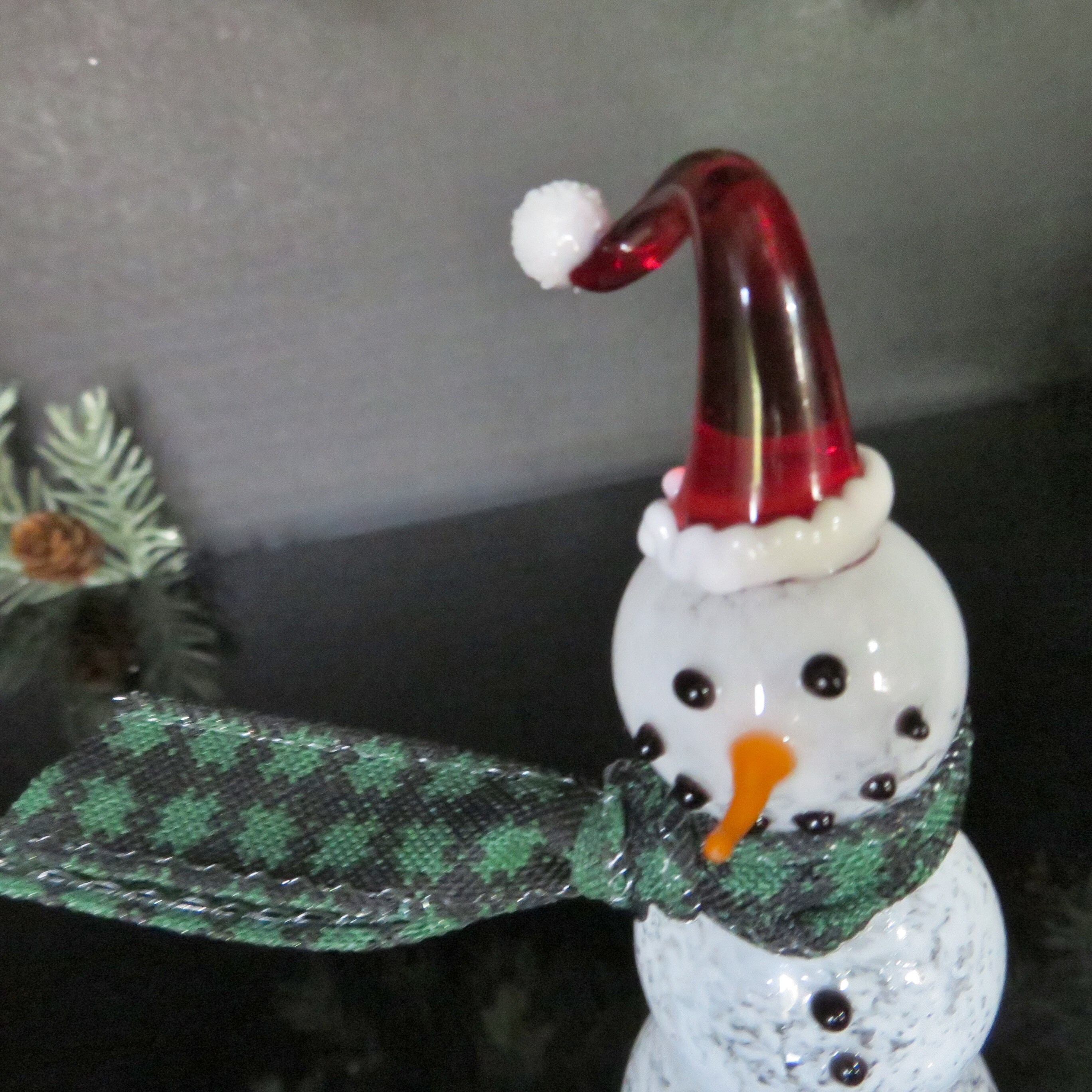 Snowman Figurine w/ Santa Hat Hand Blown Glass Snowman Figurine