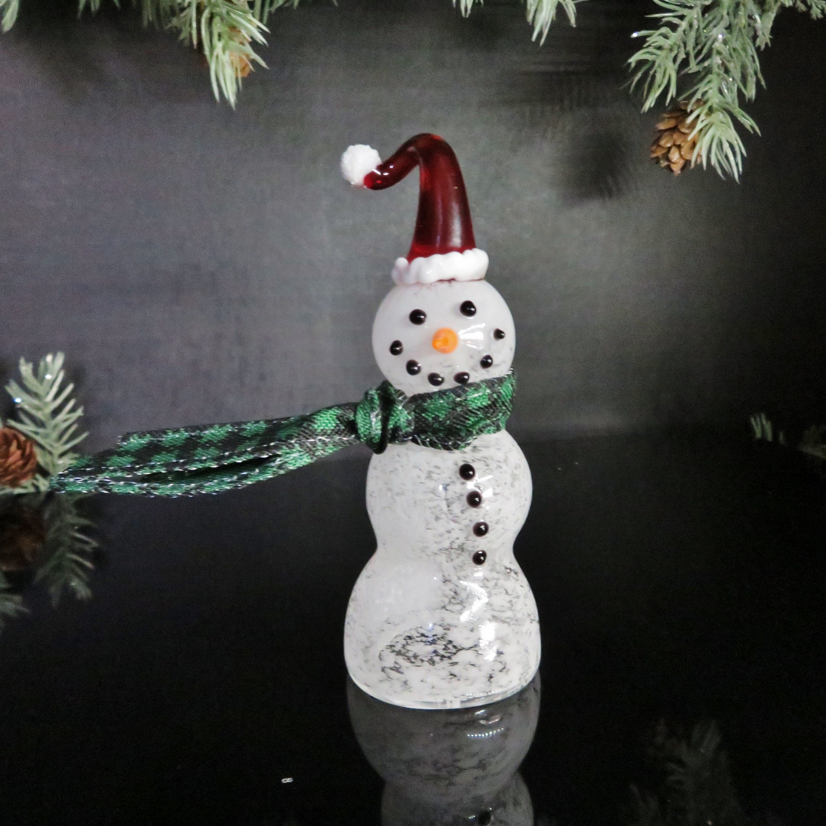 Snowman Figurine w/ Santa Hat Hand Blown Glass Snowman Figurine
