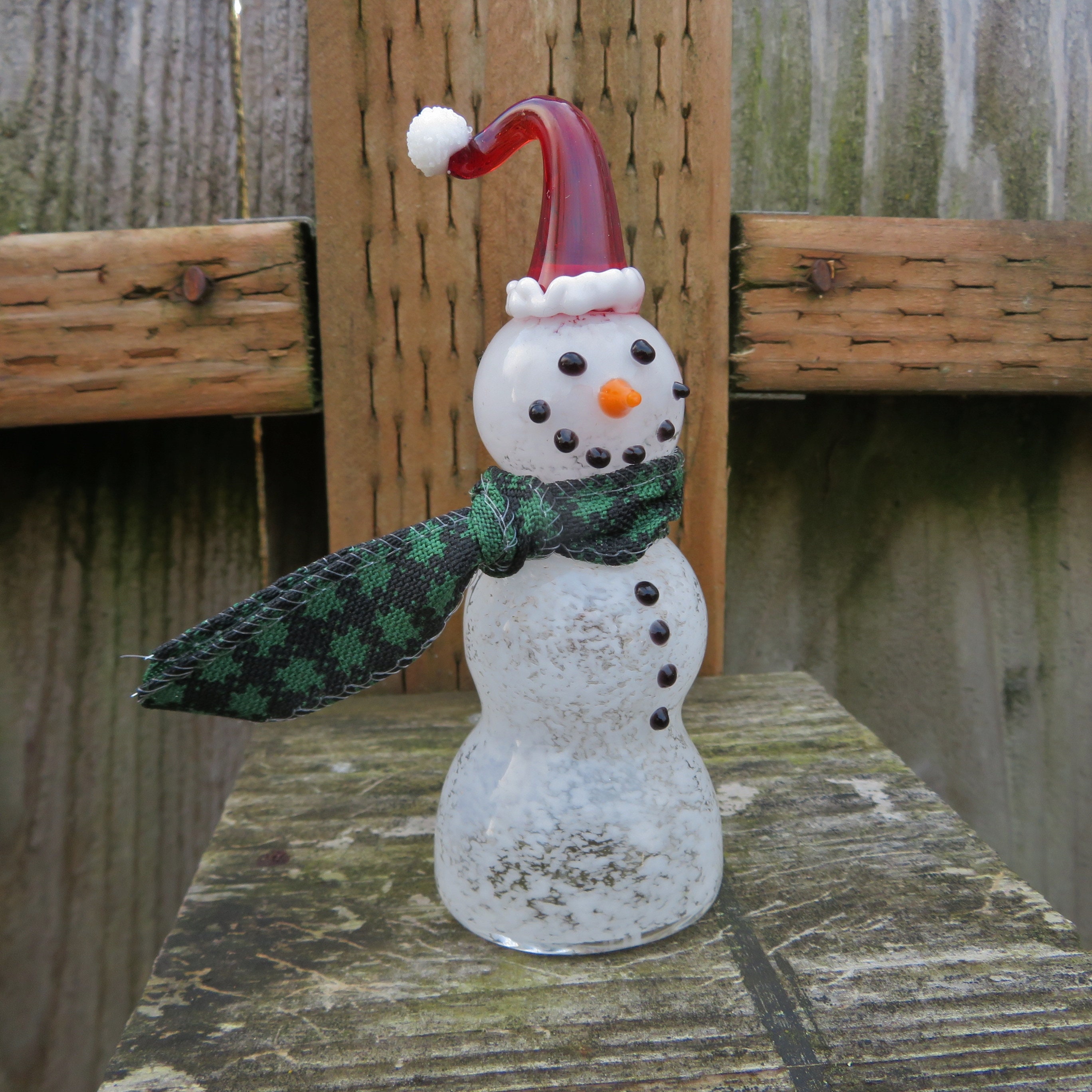 Snowman Figurine w/ Santa Hat Hand Blown Glass Snowman Figurine