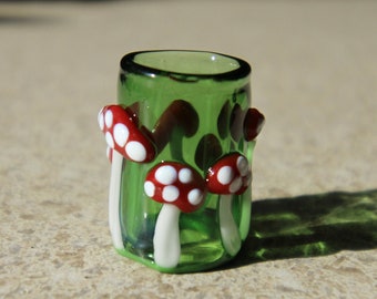 Amanita Mushroom Glass Dread Bead with Green Background, CUSTOM Bead Hole Sizes 4-16mm