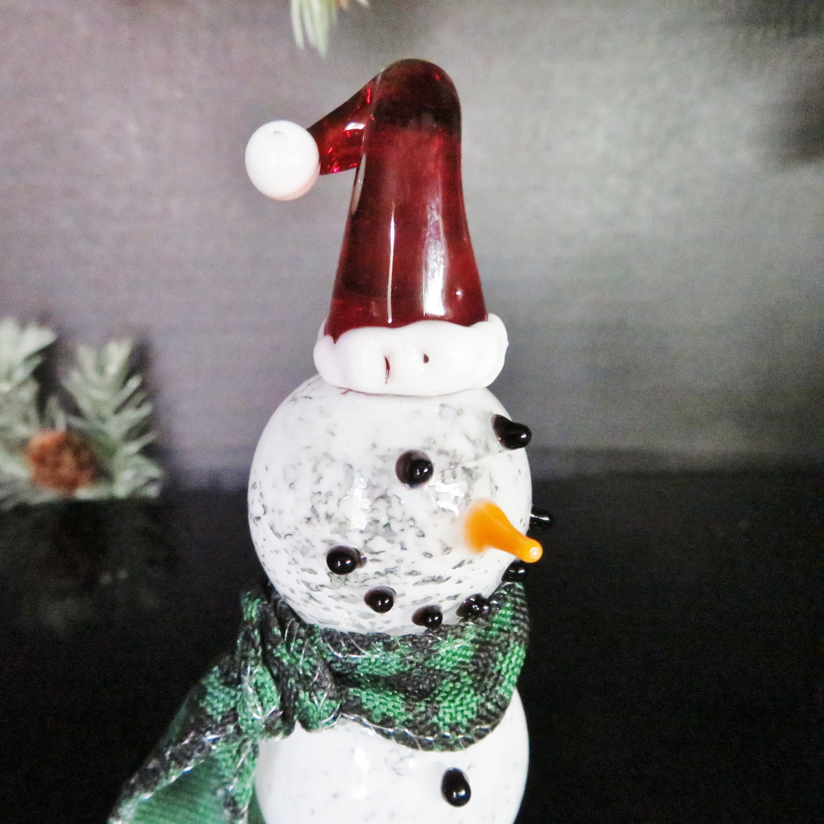 Snowman Figurine w/ Santa Hat Hand Blown Glass Snowman Figurine