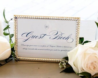 Wedding Sign, Custom Guest Book Sign - 5x7 - elegant navy font, with or without monogram, custom message from the groom and bride, Printable