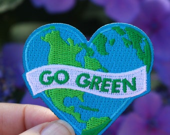 Go Green Earth Patch, Sustainability - Recycle, Iron On | Heart | Embroidered Iron On | Hoodie Patch