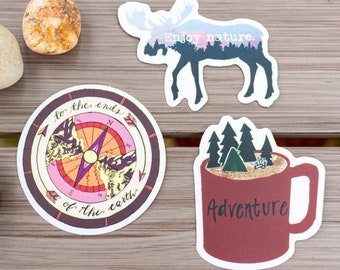 3x Nature Outdoor Decals, Compass, Cup of Adventure, Nature Moose, Waterproof Stickers - for Waterbottles and Laptops