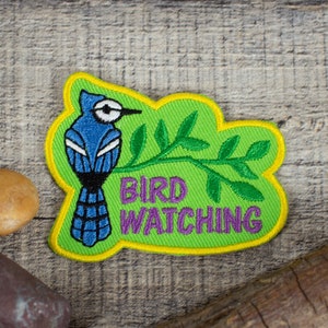 Bird Watching Patch, Gift, Blue Jay, Watch Birds, Embroidered Iron On, Merit Badge, Hoodies, Jackets & Backpacks