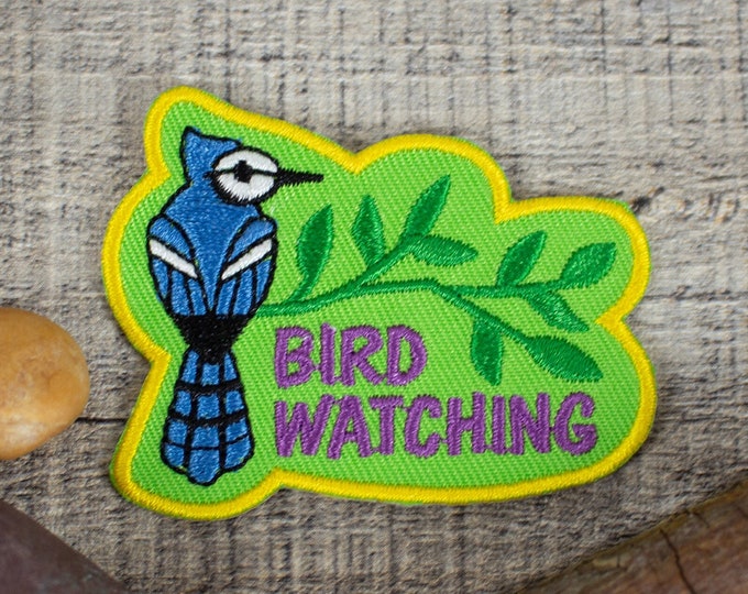 Bird Watching Patch, Gift, Blue Jay, Watch Birds, Embroidered Iron On, Merit Badge, Hoodies, Jackets & Backpacks