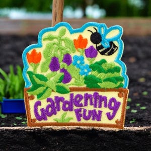 Gardening Fun Bee Patch, Embroidered Iron On, Garden Merit Badge