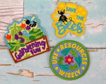 Gardening Patch Set Bees - Gardening - Use Resources Wisely, Embroidered Iron On | Gift | Hoodie | Backpacks