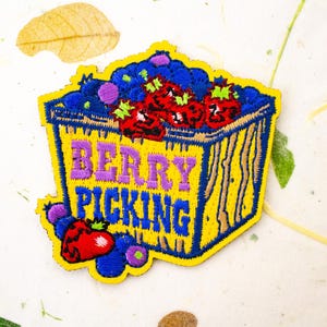 May include: A yellow felt patch with a basket of red and blue berries, and the text "Berry Picking" in purple and blue letters.