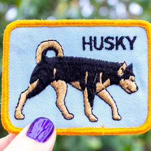 May include: A blue and yellow embroidered patch with a black and brown husky dog and the word "HUSKY" in black lettering.