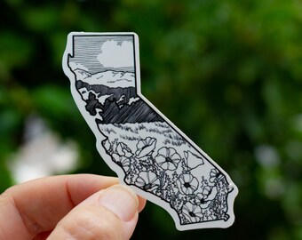 May include: Black and white line art sticker of the state of California with a sun, mountains, and a field of poppies.