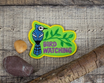 Bird Watching Patch, Gift, Blue Jay, Watch Birds, Embroidered Iron On, Merit Badge, Hoodies, Jackets & Backpacks