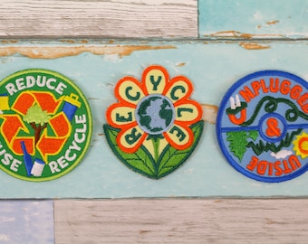 Recycle Patch Set - Reuse and Reduce - Outside and Unplugged - Embroidered Iron On, Badge | Jackets, Backpacks | Hoodie