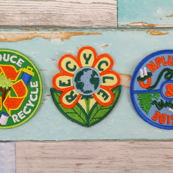Recycle Patch Set - Reuse and Reduce - Outside and Unplugged - Embroidered Iron On, Badge | Jackets, Backpacks | Hoodie Patch